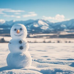 A cheerful snowman stands in a snowy landscape with mountains in the background.