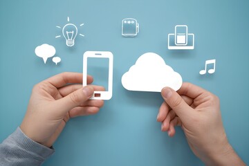 Hands hold smartphone, cloud cutouts, icons suggest digital connectivity theme