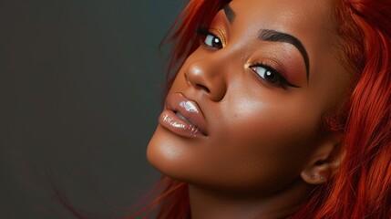 Close-up portrait of attractive  young woman with long wavy vibrant red hair. Charming model with freckles and natural makeup. Stylist and hairdresser concept. Beauty and diversity