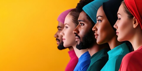 A diverse group of individuals in profile, all facing forward, set against a soft, abstract background that conveys harmony and unity