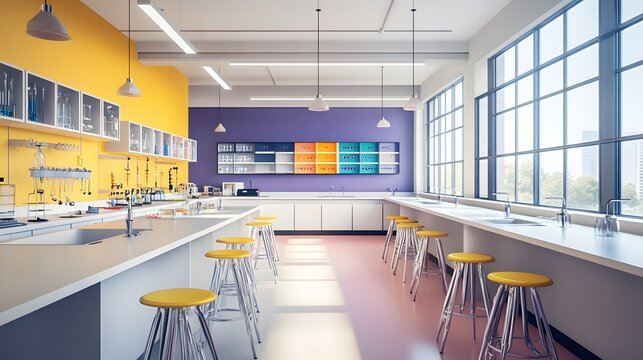 Modern Chemistry Lab with Yellow Stools and White Countertops