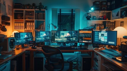 Spacious well-lit office desk with three monitors and clutter shot with a wide-angle lens