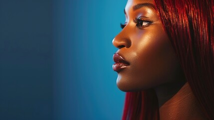 Close-up portrait of attractive  young woman with long wavy vibrant red hair. Charming model with freckles and natural makeup. Stylist and hairdresser concept. Beauty and diversity
