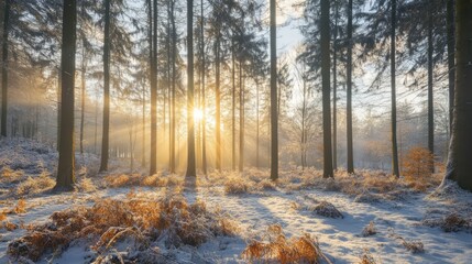 Fototapeta premium Serene sunny winter forest landscape with snow-covered pines, glimmering sunlight filtering through the frosted branches, and a peaceful atmosphere for nature lovers and seasonal aesthetics