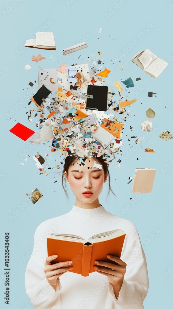 Poster a woman reading a book surrounded by flying pages and colorful snippets of paper against a light blu