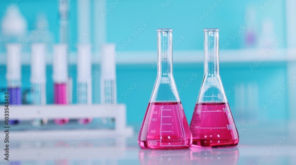 Poster two pink solution-filled flasks in a lab setting with a blue background, featuring test tubes for a 