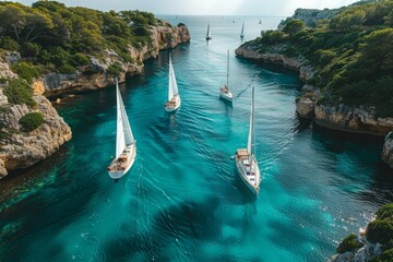 Obraz premium Aerial view of turquoise water and rocky cliffs with sailboats in a bay. AI generative. .