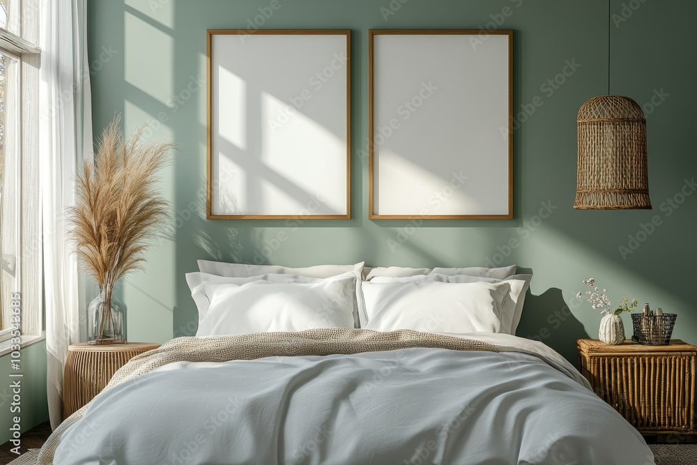 Wall mural stylish bedroom interior design with mock up poster frame, bamboo bed, night table, plants, folding 