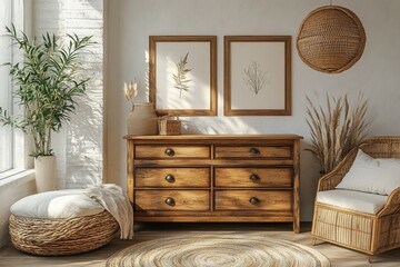 Stylish composition of modern cozy living room interior with structure painting, beige armchair, wooden vintage commode and personal accessories. Creative wall, carpet on the floor, Generative AI