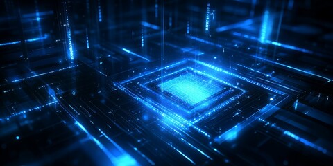 Abstract digital circuit board glowing blue.