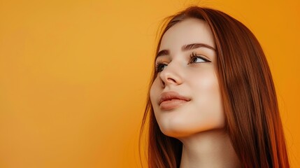 Close-up portrait of attractive  young woman with long wavy vibrant red hair. Charming model with freckles and natural makeup. Stylist and hairdresser concept. Beauty and diversity