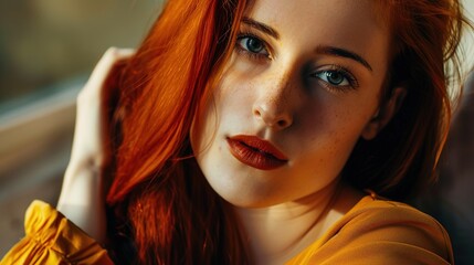 Close-up portrait of attractive  young woman with long wavy vibrant red hair. Charming model with freckles and natural makeup. Stylist and hairdresser concept. Beauty and diversity