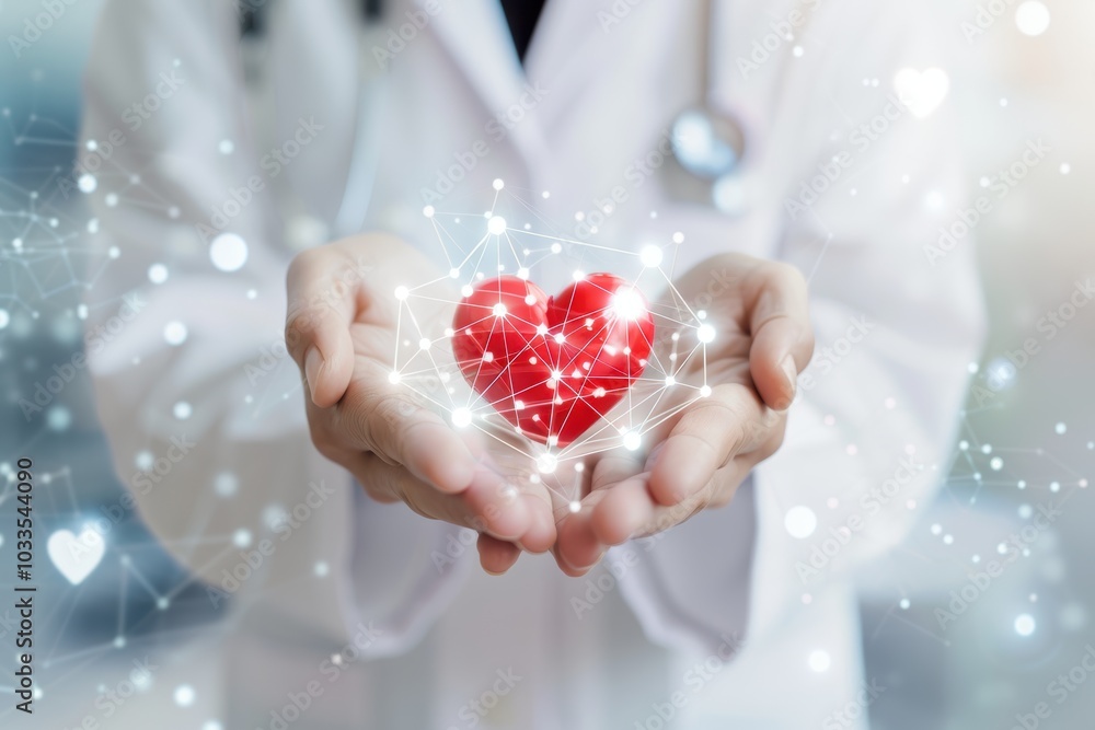 Wall mural medicine doctor, worker in white lab coat holding red heart shape in hand with medical icon network 