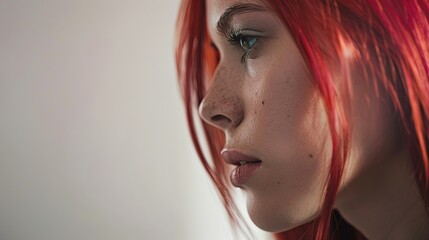 Close-up portrait of attractive  young woman with long wavy vibrant red hair. Charming model with freckles and natural makeup. Stylist and hairdresser concept. Beauty and diversity