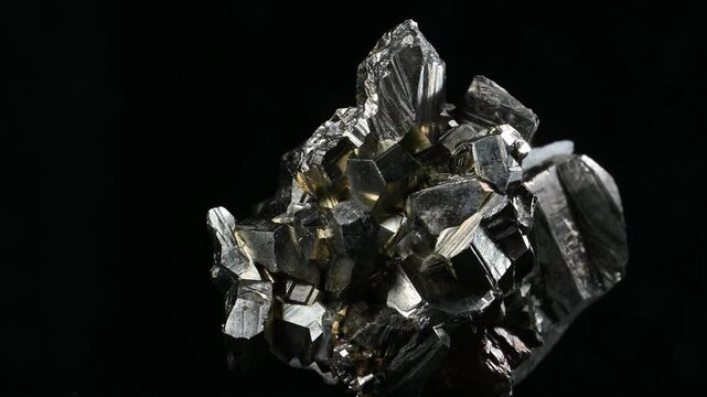 Iron Pyrite crystals (Iron sulfide - "Fools Gold")  and quartz crystals  rotating slowly against a black background [Bulgaria]