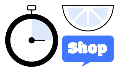 Stopwatch with a highlighted section, a lemon slice, and a speech bubble with Shop. Ideal for time management, business marketing, freshness, e-commerce, and shopping themes. Simple vector style