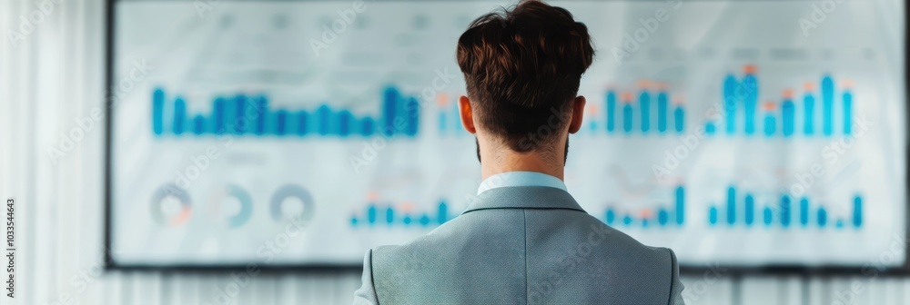 Poster young professional analyzing data charts on a large screen, focusing on business analytics and decis
