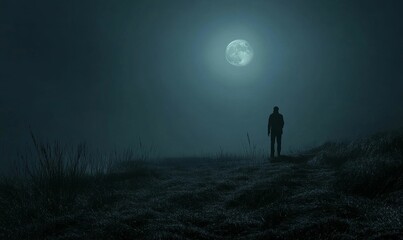 A lone figure under a full moon.