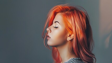 Close-up portrait of attractive  young woman with long wavy vibrant red hair. Charming model with freckles and natural makeup. Stylist and hairdresser concept. Beauty and diversity