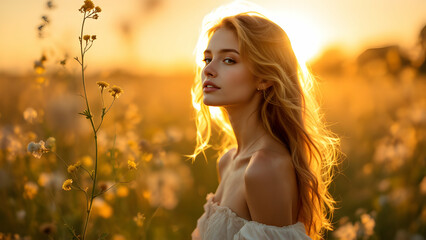 Fototapeta premium Warm Sunset Portrait in a Golden Field