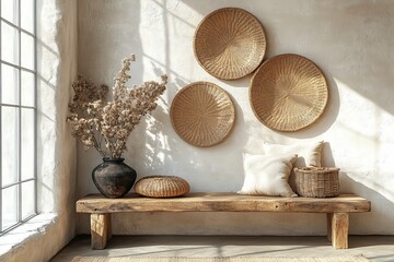 The stylish ethnic compostion at living room interior with wicker baskets, wooden bench, armchair and elegant personal accessories. Cozy apartment. Home decor. Template, Generative AI
