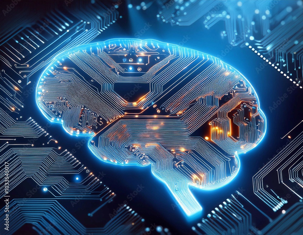 Poster intricate circuit board with illuminated brain symbol representing artificial intelligence technolog