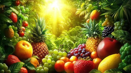 A vibrant display of fresh fruit arranged in a lush tropical setting.
