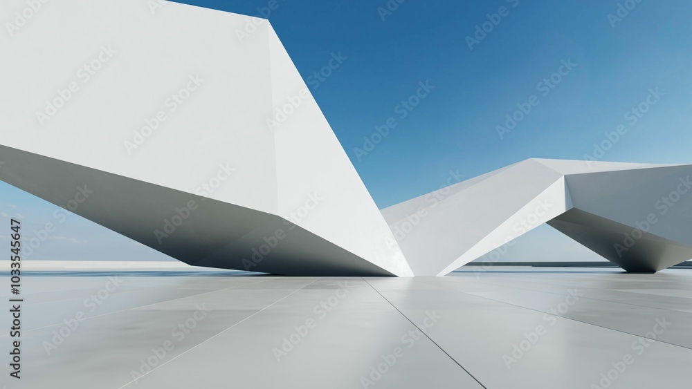 Poster 3d render of abstract modern concrete white architecture with empty cement floor, minimal exterior, 