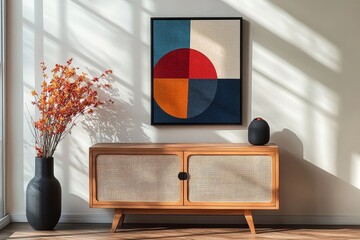 Minimalist living space with decorative accents. A serene interior scene featuring a potted plant, decorative vase, and sandals, offering a calming minimalist, Generative AI