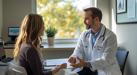 Obraz premium A doctor engages in a patient consultation during a sunny morning in a comfortable clinic setting