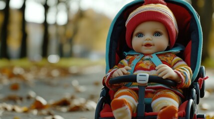 A baby doll in a stroller on a path in an autumn park.