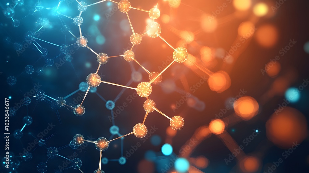 Poster abstract representation of molecular structure with glowing atoms and bonds