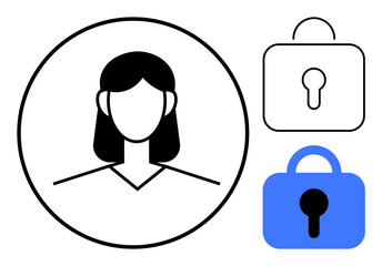 A female avatar inside a circle and two padlock symbols one black and white the other blue conveying ideas of security and privacy. Ideal for identity protection profile security digital privacy