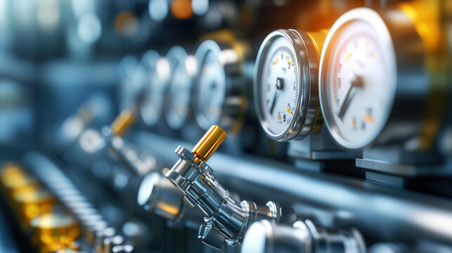 Close up of industrial gauges and valves, showcasing precision instruments used in fuel refining processes. sleek design highlights advanced technology in facility
