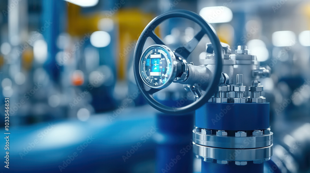 Poster close up of valve and pressure gauge in industrial setting, showcasing intricate details of machiner