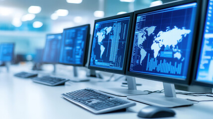 Naklejka premium High tech control room with multiple monitors displaying global data and analytics. screens show maps and graphs, creating modern and efficient workspace