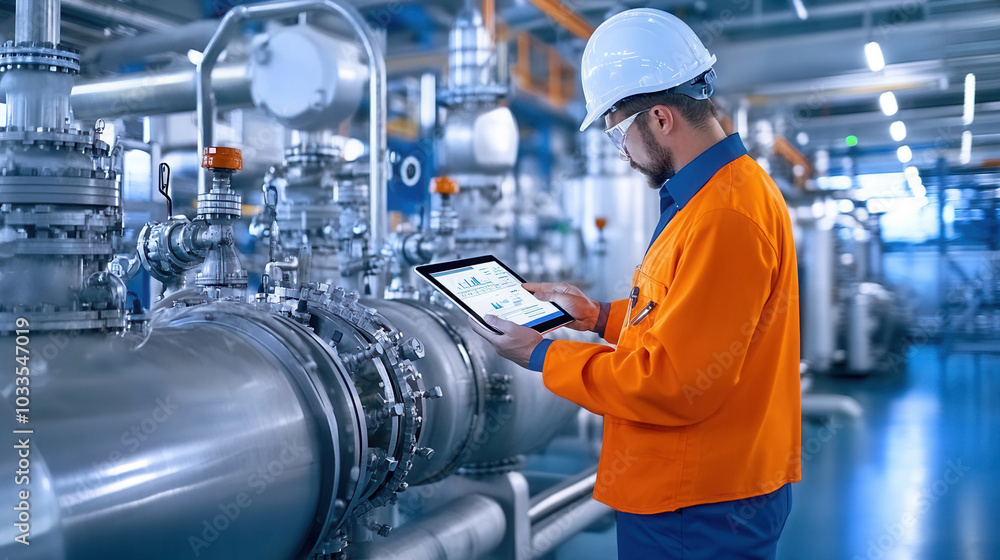 Poster efficient engineer using digital tablet to monitor fuel processing in modern industrial facility. fo