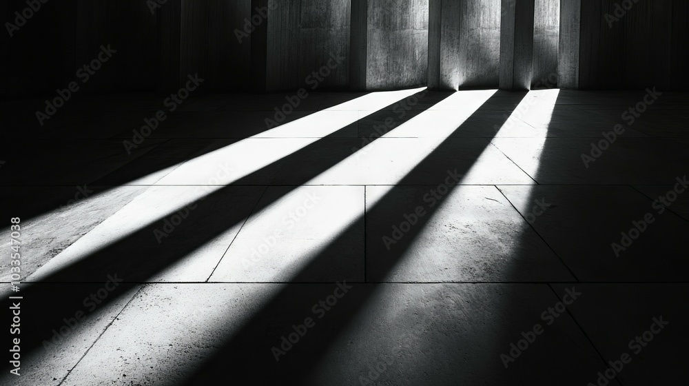 Poster dramatic sunlight rays on tiled floor. sunbeams pierce through window blinds, casting captivating li