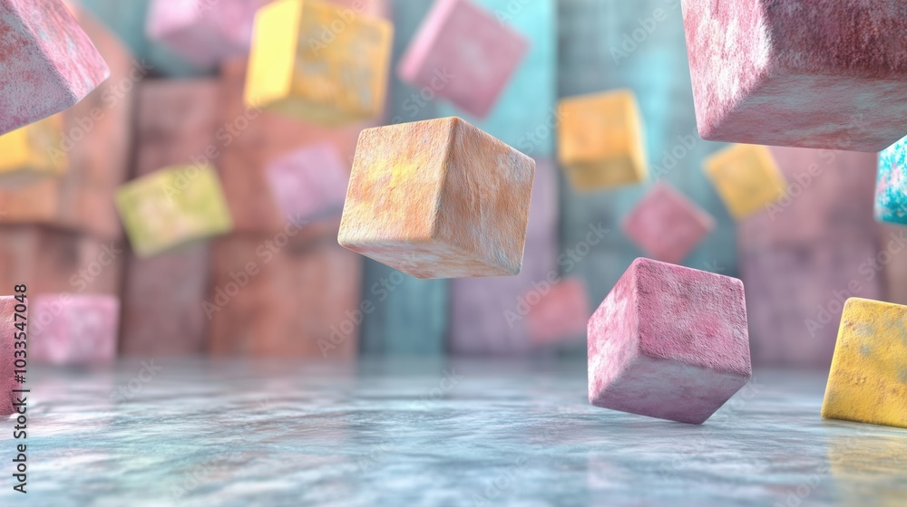 Poster Floating colorful cubes in abstract space, vibrant textures and reflections