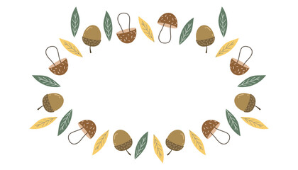 nuts. an ornament made of nuts. a natural product. a frame made of nuts. food. autumn harvest. beautiful frame. a template for creating postcards. vector. doodle drawing. on a white background.