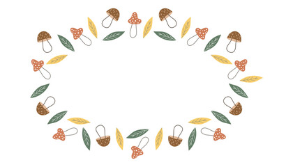 mushrooms. porcini mushrooms. fly agaric. a frame made of different mushrooms and leaves. food. autumn harvest. beautiful frame. a template for creating postcards. vector. doodle drawing. on a white 
