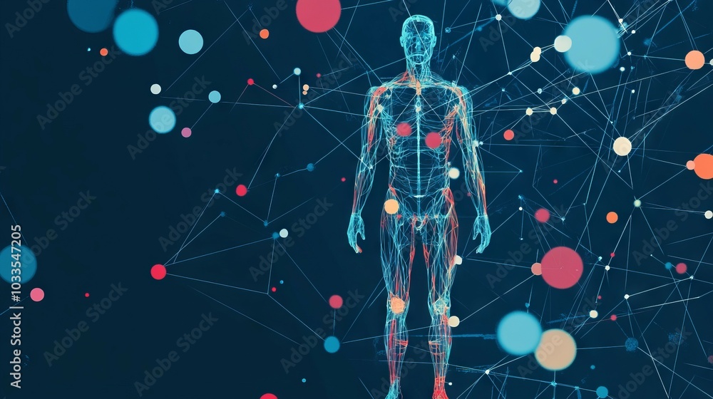 Poster digital human network. wireframe human figure with glowing lines and nodes, representing connection 