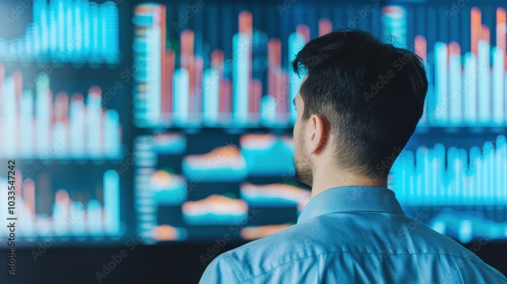 Poster business professional analyzing financial data on a large screen, focused on charts and graphs repre