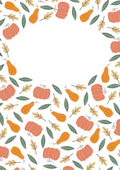 Obraz premium pumpkin. autumn pumpkin. a frame made of pumpkin and leaves. autumn harvest. beautiful frame. a template for creating postcards. vector. doodle drawing. on a white background.