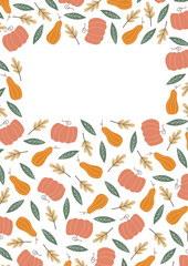 pumpkin. autumn pumpkin. a frame made of pumpkin and leaves. autumn harvest. beautiful frame. a template for creating postcards. vector. doodle drawing. on a white background.