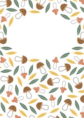 mushrooms. porcini mushrooms. fly agaric. a frame made of different mushrooms and leaves. food. autumn harvest. beautiful frame. a template for creating postcards. vector. doodle drawing. on a white 