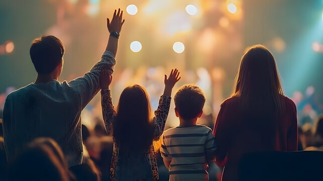 Christian family raised hands to praise God in church worship concert concept for religion, worship, prayer heaven after life