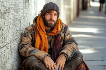 Fototapeta premium Homeless man sitting on the street in the shadow of the building and begging for help and money. Problems of big modern cities, Generative AI