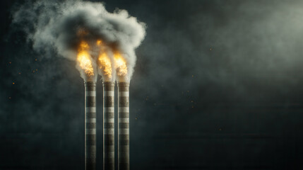 Industrial smokestacks releasing steam and smoke into atmosphere, showcasing impact of fuel processing on environment. scene evokes sense of urgency regarding pollution and climate change