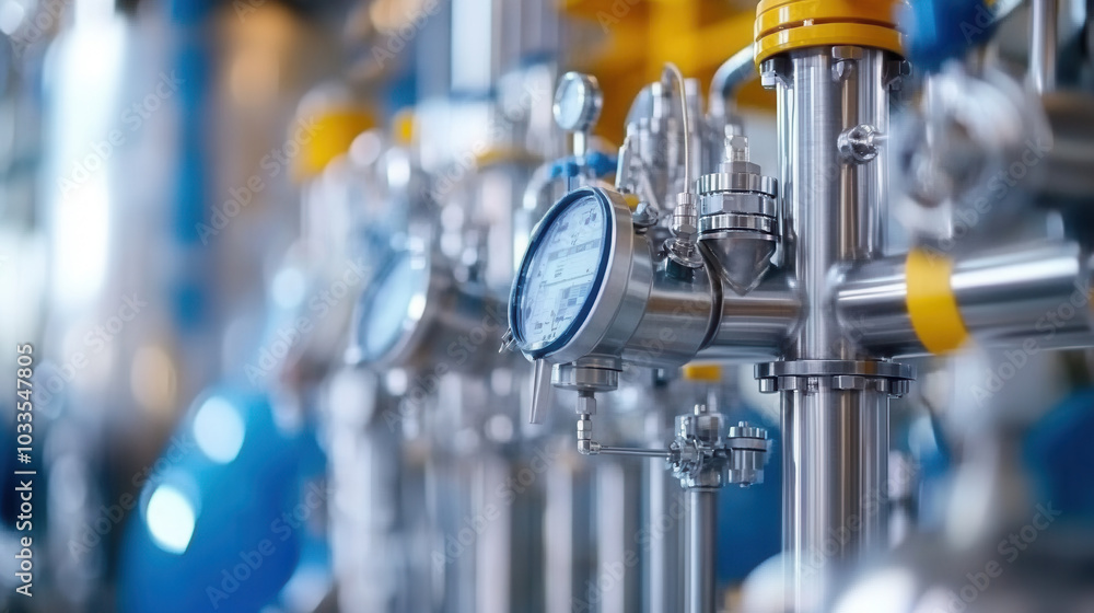 Poster high quality industrial piping and gauges in modern processing facility showcase advanced technology